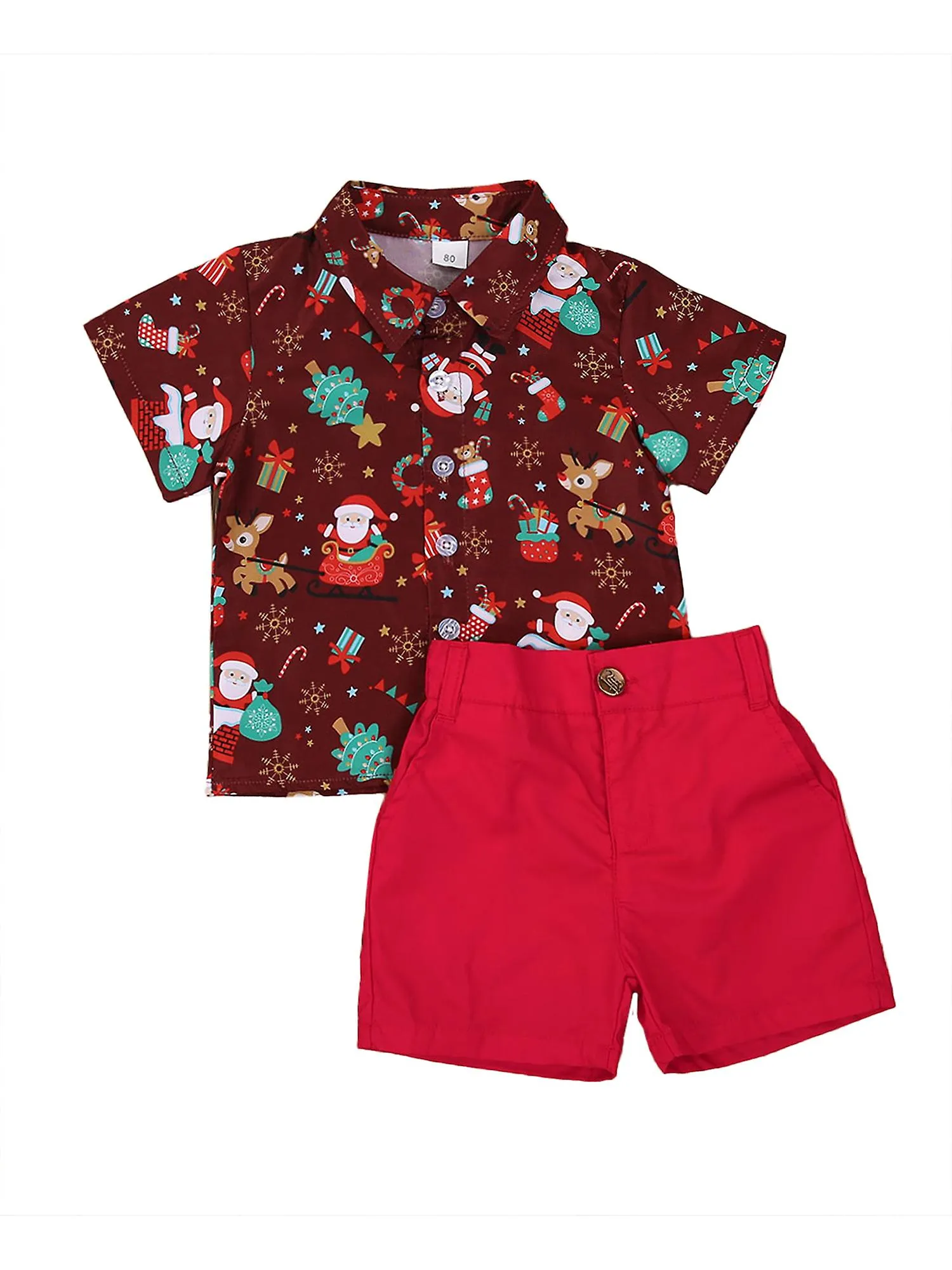 0-6 Years Baby Kid Christmas Clothes Set Kids Short Sleeve Print Shirts Toddler Red Shorts Gentalmen Suit Kid Santa Outfit