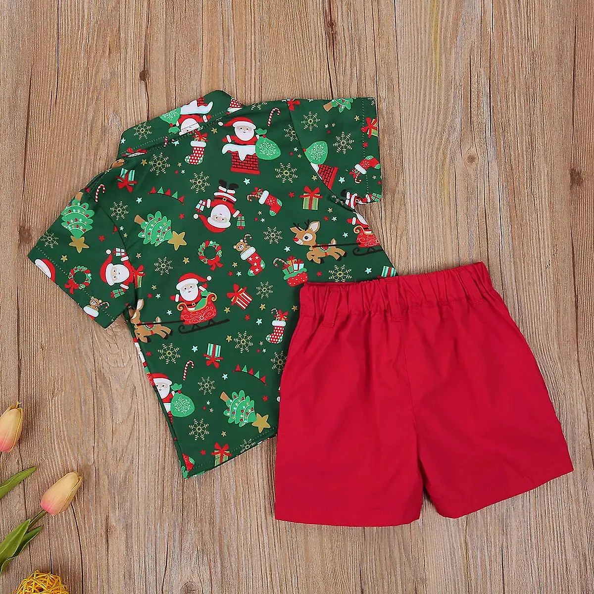 0-6 Years Baby Kid Christmas Clothes Set Kids Short Sleeve Print Shirts Toddler Red Shorts Gentalmen Suit Kid Santa Outfit