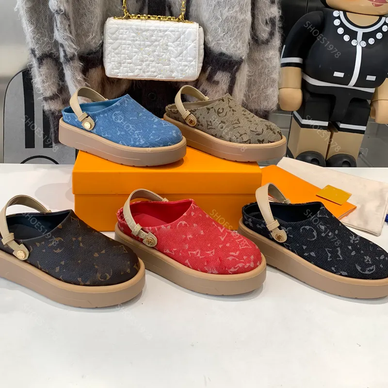 Diseñadores famosos Sandalias Plataformas Zapatos Zapatillas para mujer Moda Denim Imprimir Tacón plano Zapato para mujer Cómodo