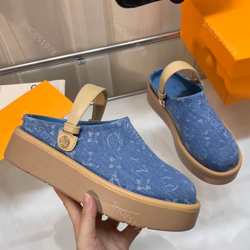 Diseñadores famosos Sandalias Plataformas Zapatos Zapatillas para mujer Moda Denim Imprimir Tacón plano Zapato para mujer Cómodo