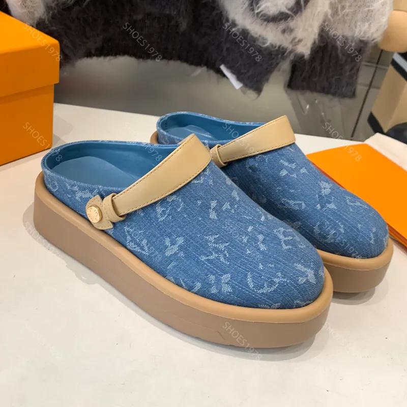 Diseñadores famosos Sandalias Plataformas Zapatos Zapatillas para mujer Moda Denim Imprimir Tacón plano Zapato para mujer Cómodo