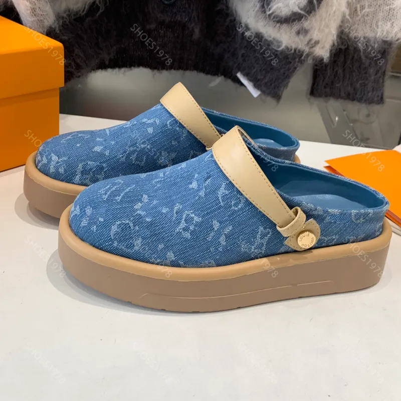 Diseñadores famosos Sandalias Plataformas Zapatos Zapatillas para mujer Moda Denim Imprimir Tacón plano Zapato para mujer Cómodo