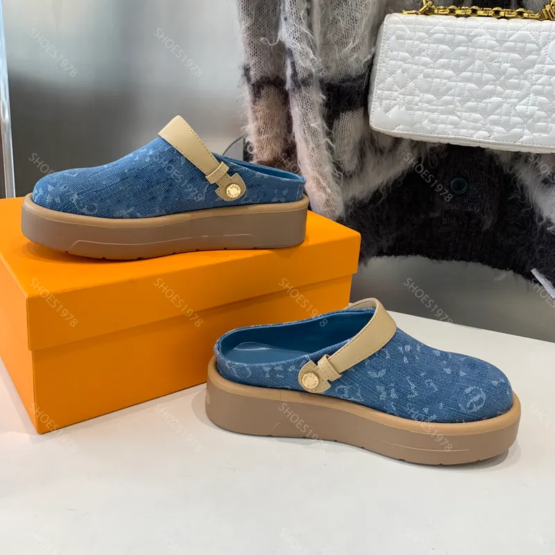 Diseñadores famosos Sandalias Plataformas Zapatos Zapatillas para mujer Moda Denim Imprimir Tacón plano Zapato para mujer Cómodo