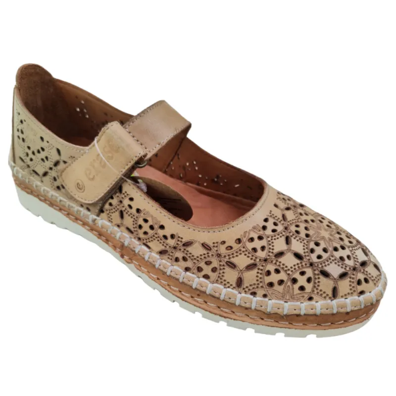 Erase 016-101 beige - zapatos de piel calados con tira de velcro tipo merceditas