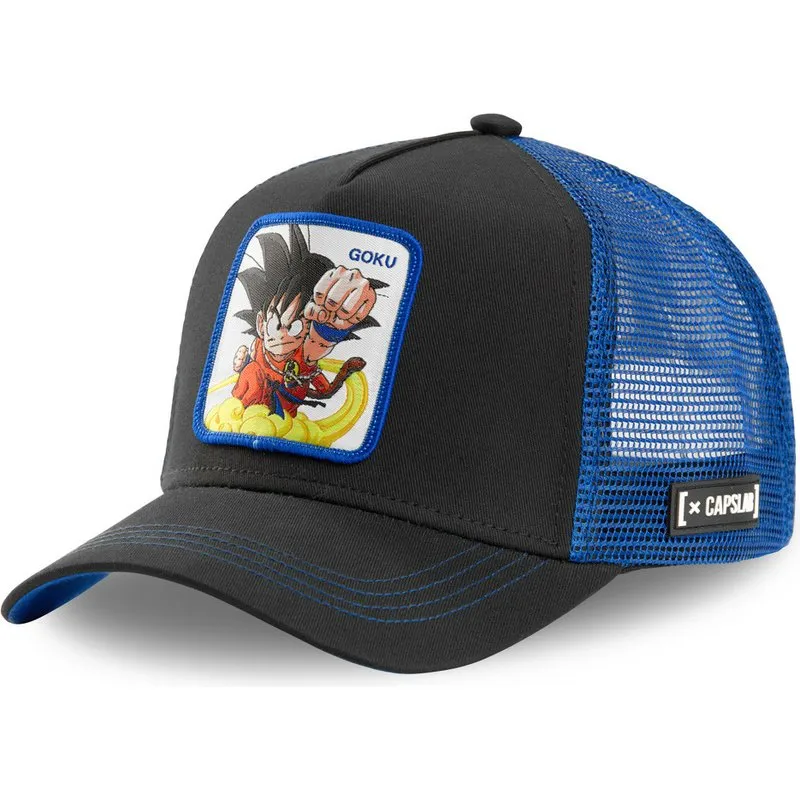 Gorra superheroes CAPSLAB  Trucker Majin GOKU Dragon Ball personaje ficticio LOGO negra y azul eléctrico