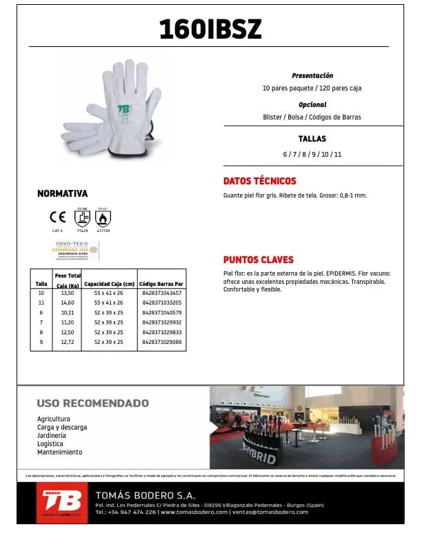 Guantes de trabajo Tomas Bodero 160IBSZ piel flor vacuno Pack 10 unidades