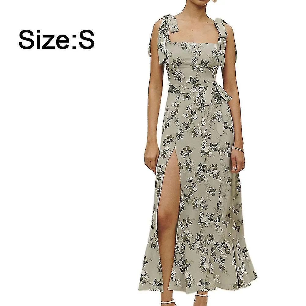 Mujer Elegante Cuello Cuadrado Maxi Estampado Floral Casual Vintage con Tie Straps Split S