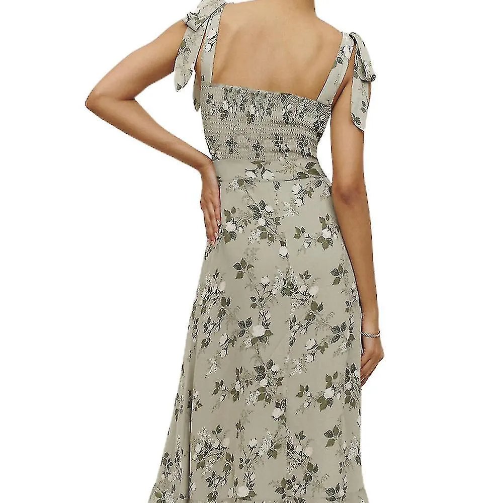 Mujer Elegante Cuello Cuadrado Maxi Estampado Floral Casual Vintage con Tie Straps Split S