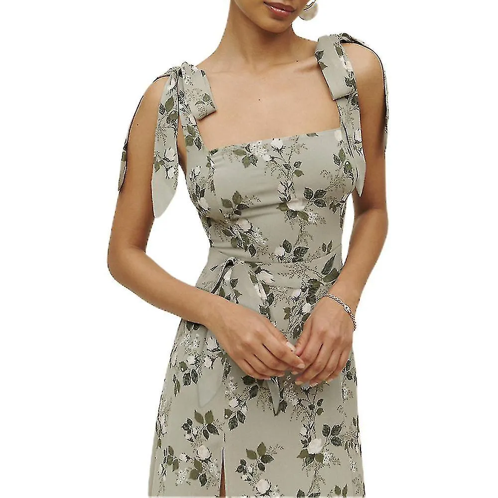 Mujer Elegante Cuello Cuadrado Maxi Estampado Floral Casual Vintage con Tie Straps Split S